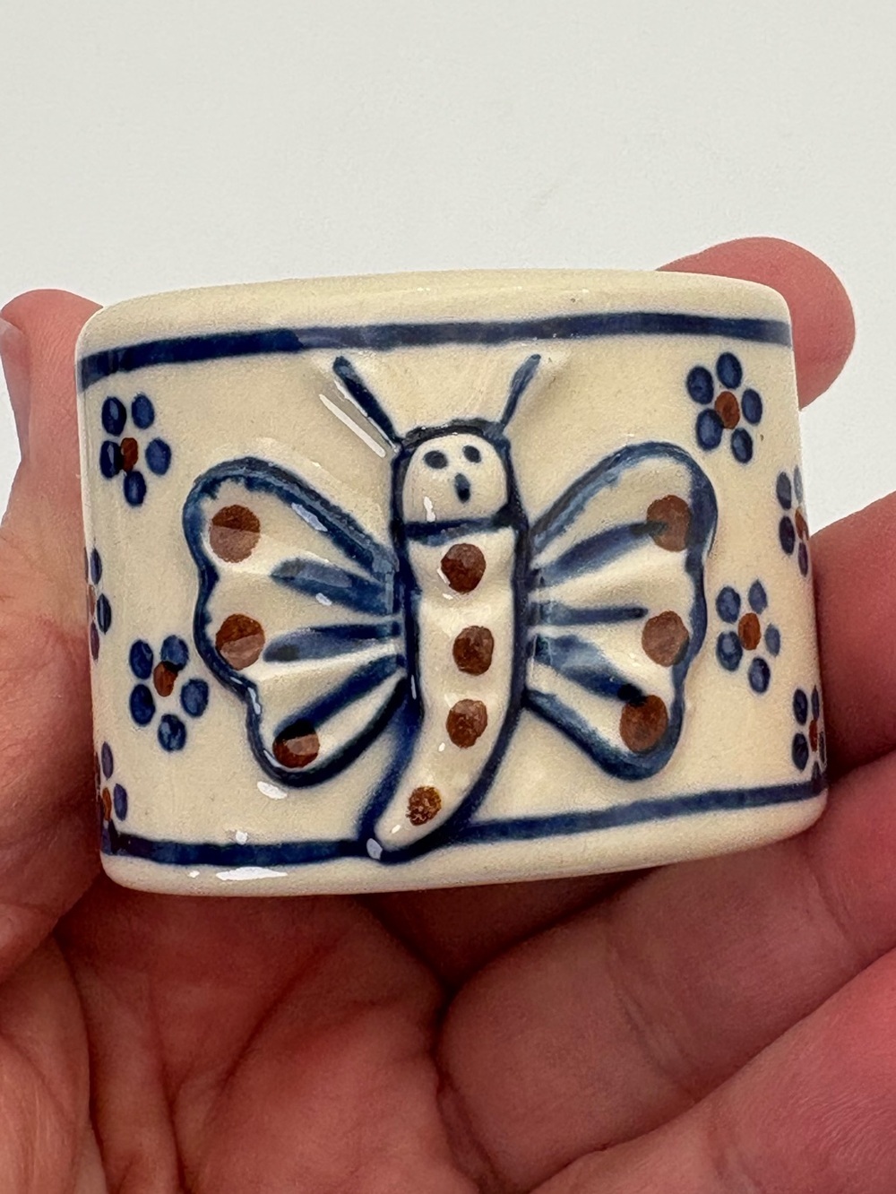 Vintage Handpainted Polish Pottery Butterfly Napkin Ring - 2 Inches